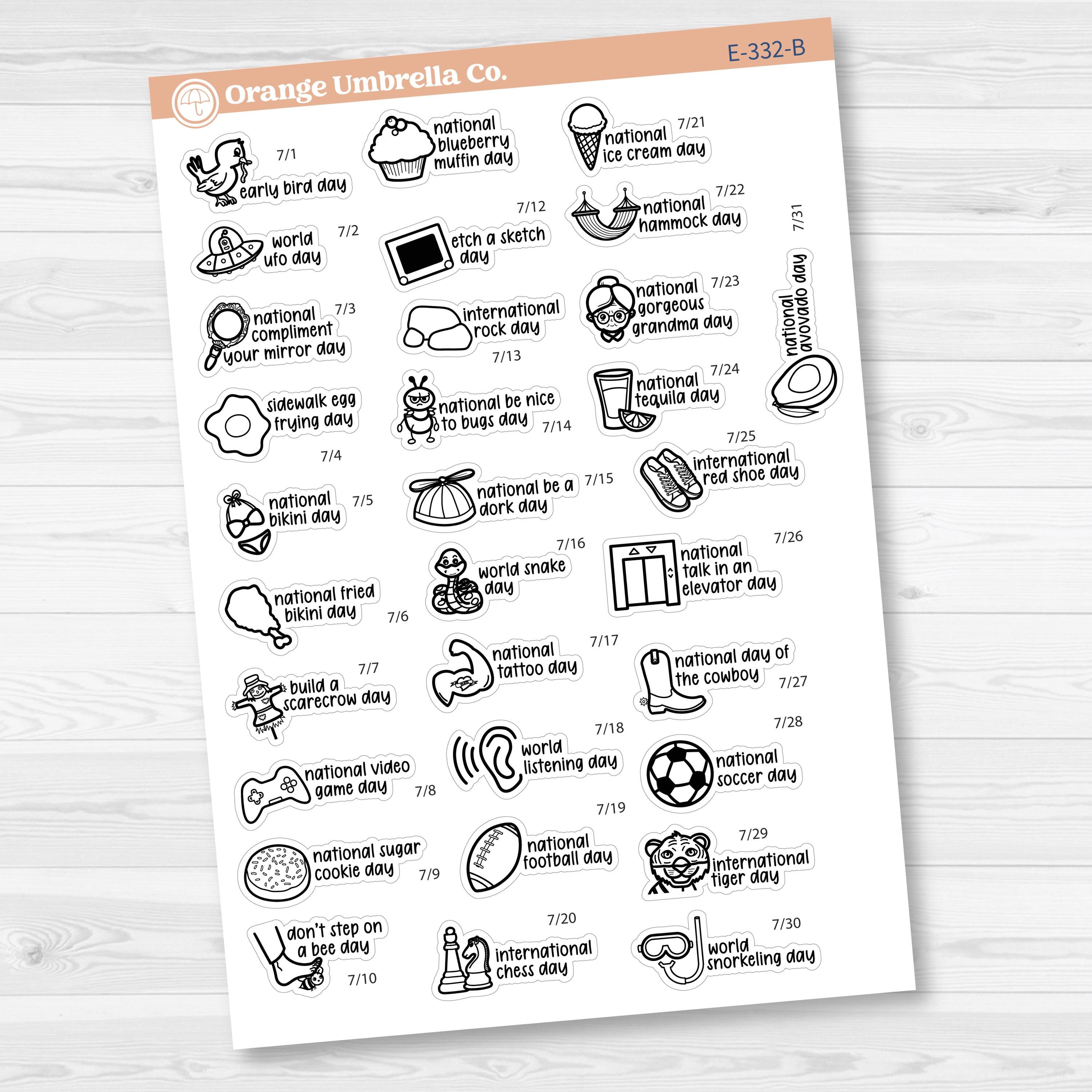 July Wacky Holidays Script Planner Stickers | F17 | E-332