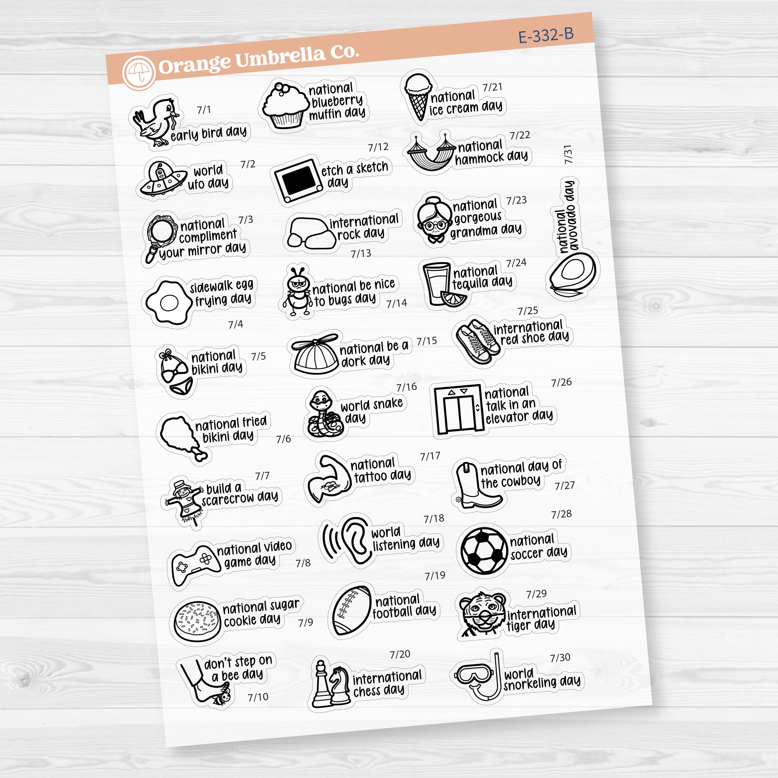 July Wacky Holidays Script Planner Stickers | F17 | E-332