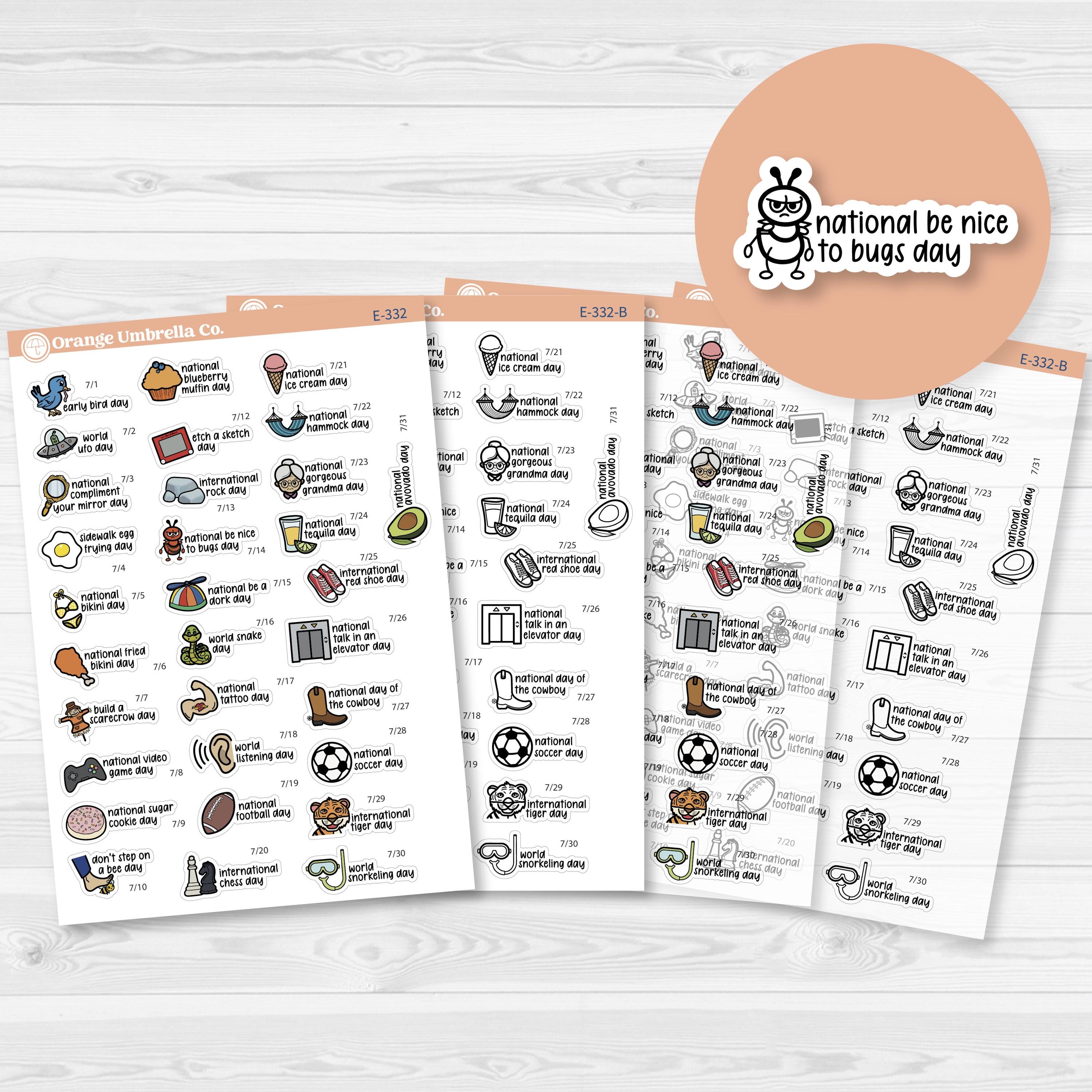 July Wacky Holidays Script Planner Stickers | F17 | E-332
