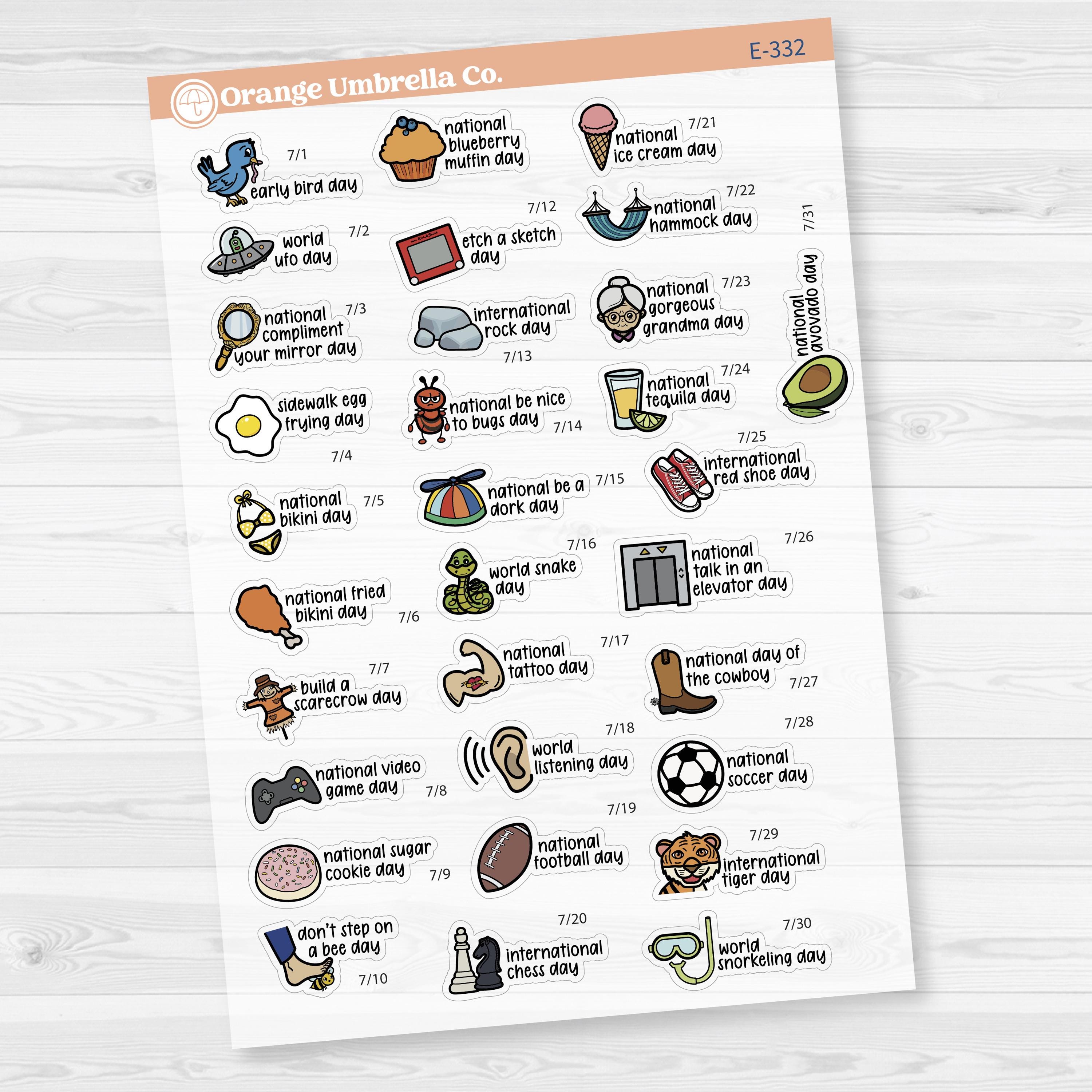 July Wacky Holidays Script Planner Stickers | F17 | E-332