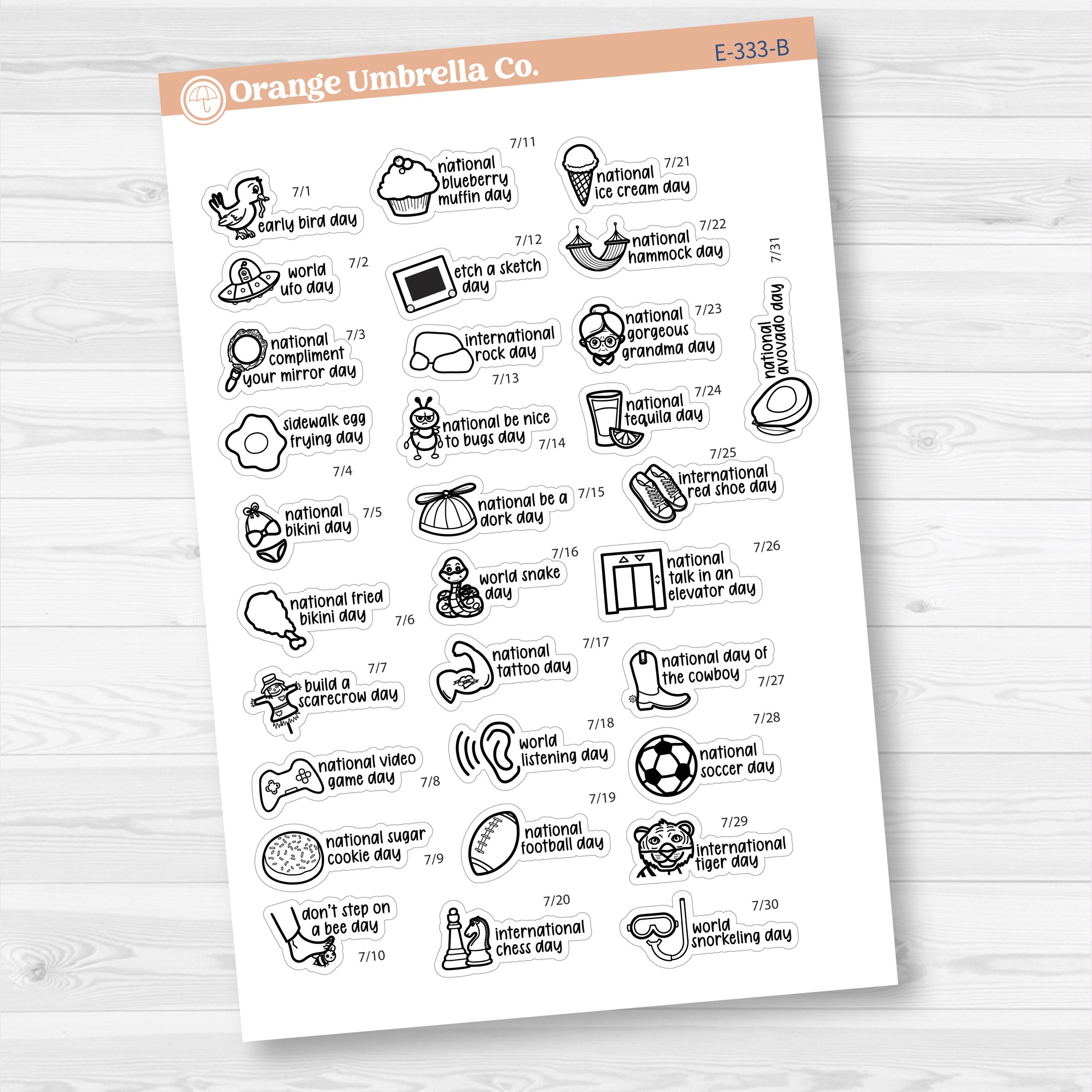 July Wacky Holidays Mini Script Planner Stickers | F17 | E-333