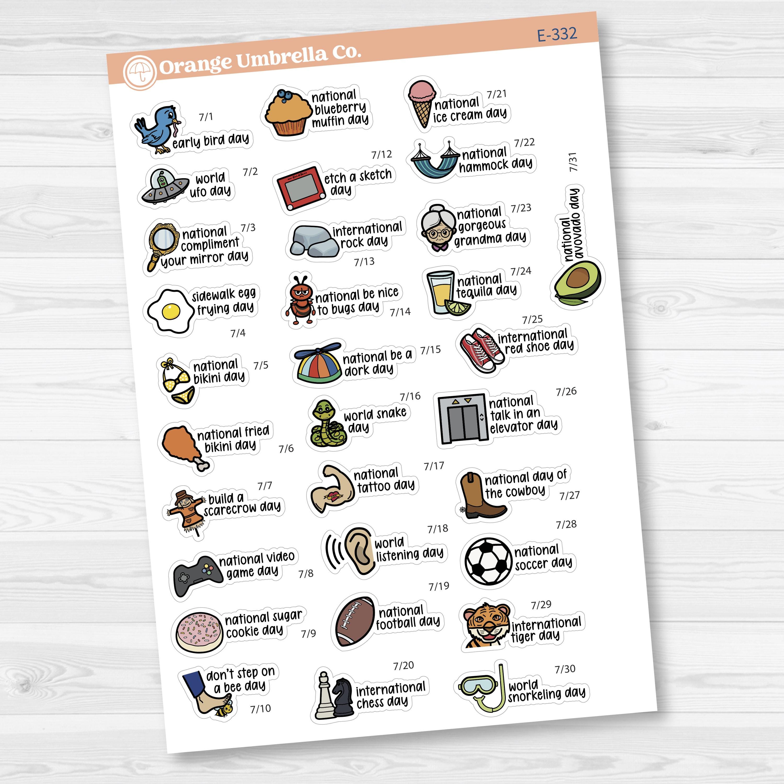July Wacky Holidays Script Planner Stickers | F17 | E-332