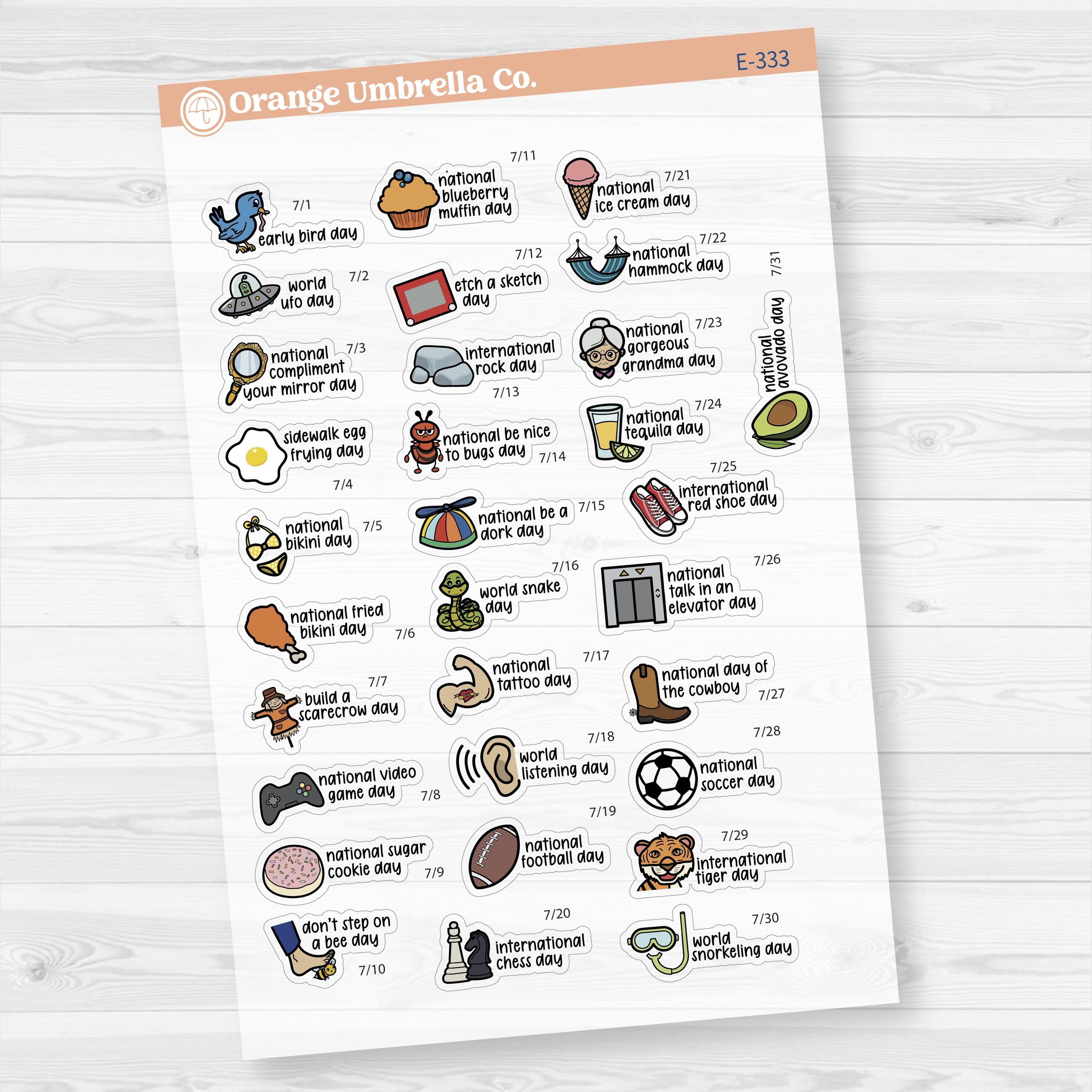 July Wacky Holidays Mini Script Planner Stickers | F17 | E-333