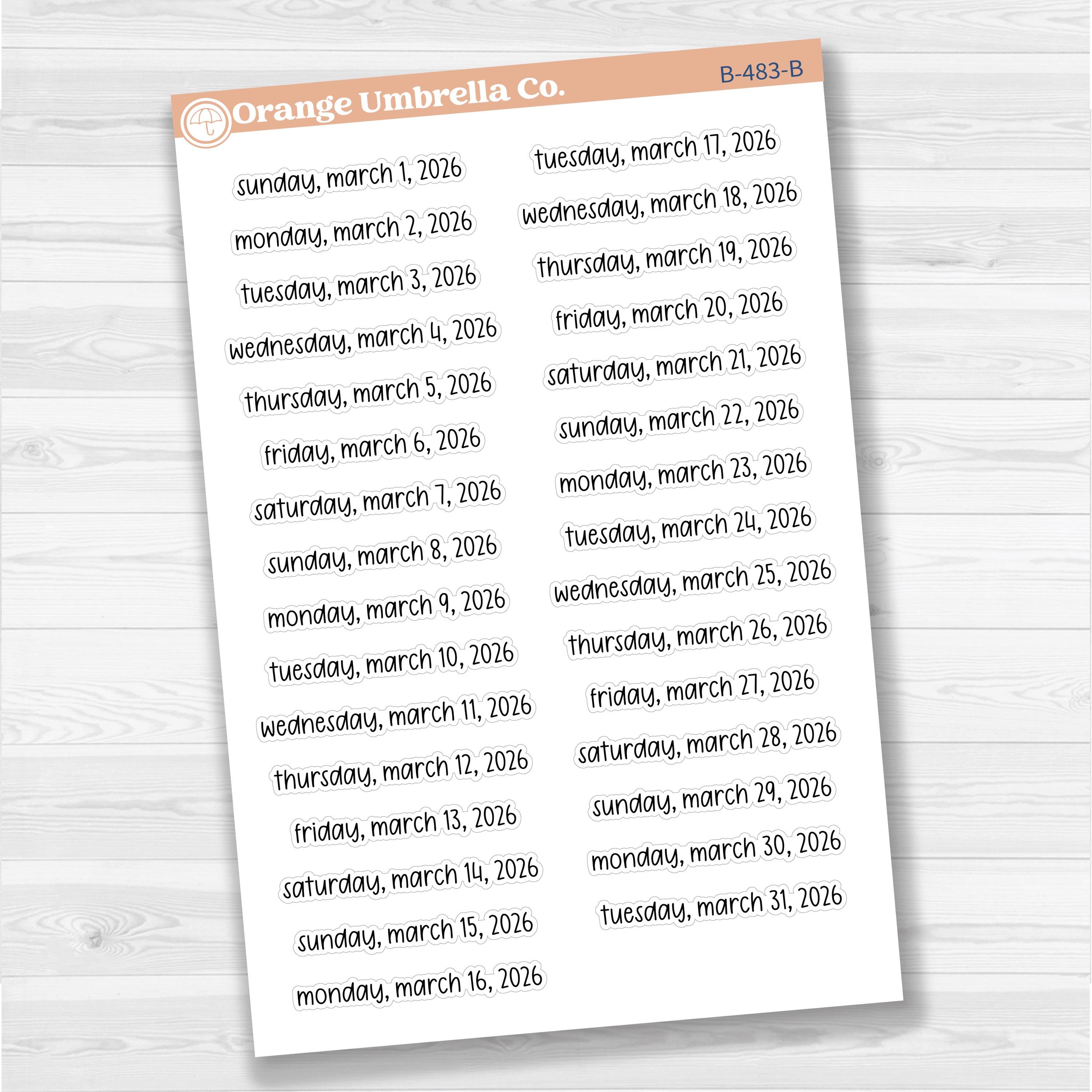 Dates of the Month - Jan-Jun 2026 Planner Stickers | F17 Print | B-481-486-B