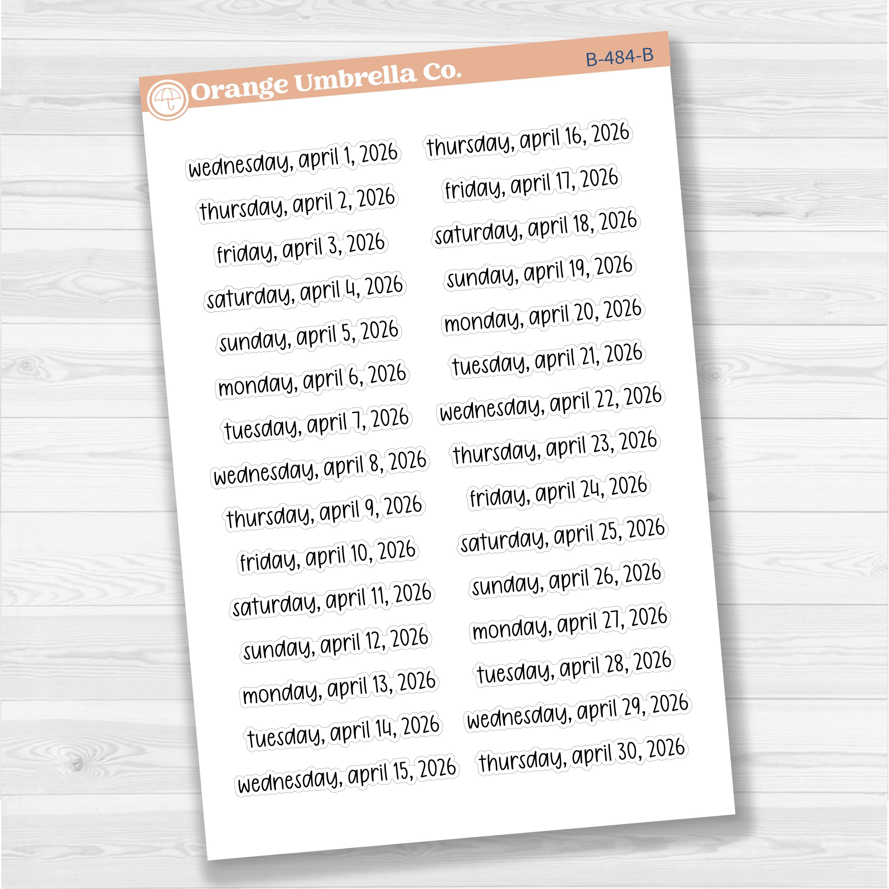 Dates of the Month - Jan-Jun 2026 Planner Stickers | F17 Print | B-481-486-B