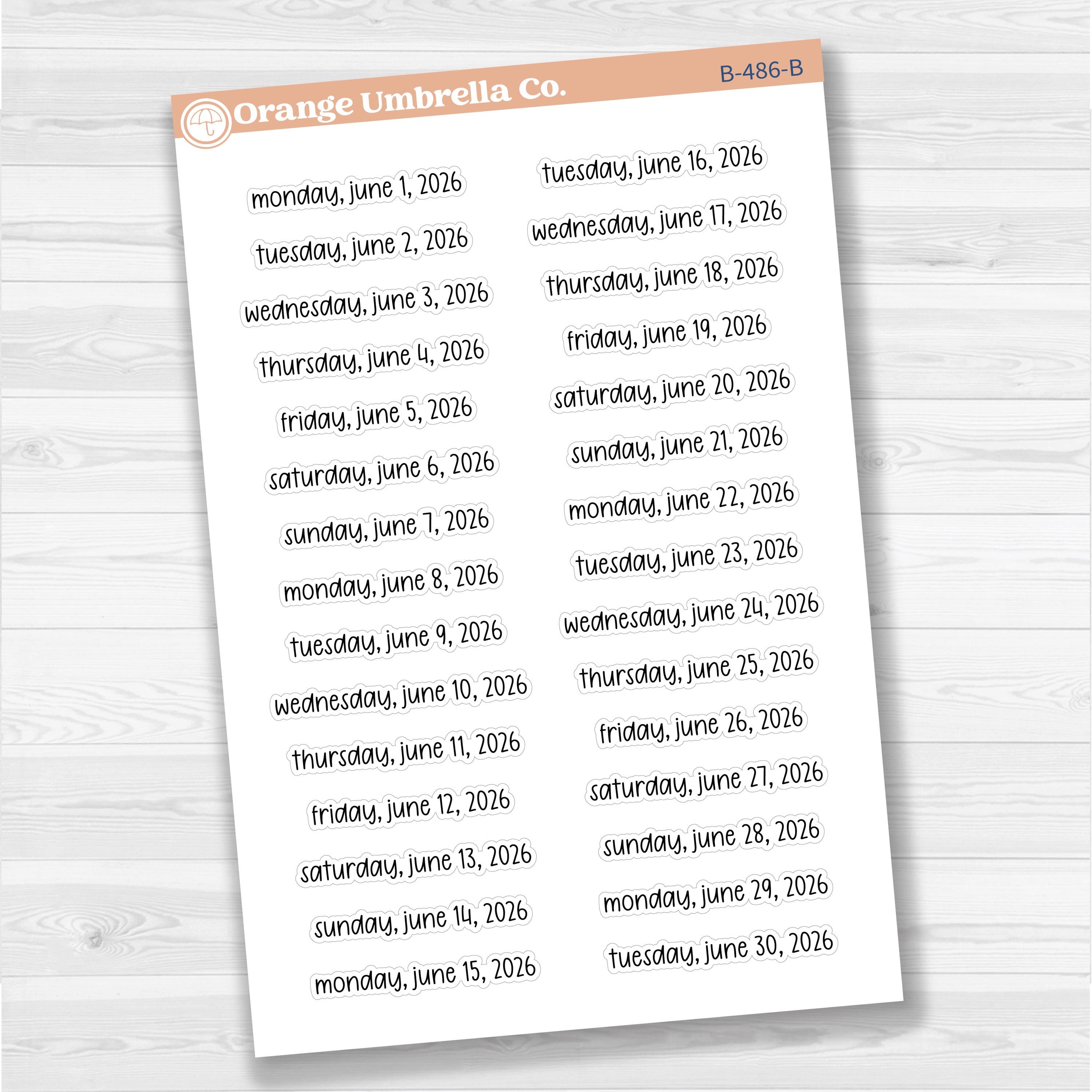 Dates of the Month - Jan-Jun 2026 Planner Stickers | F17 Print | B-481-486-B