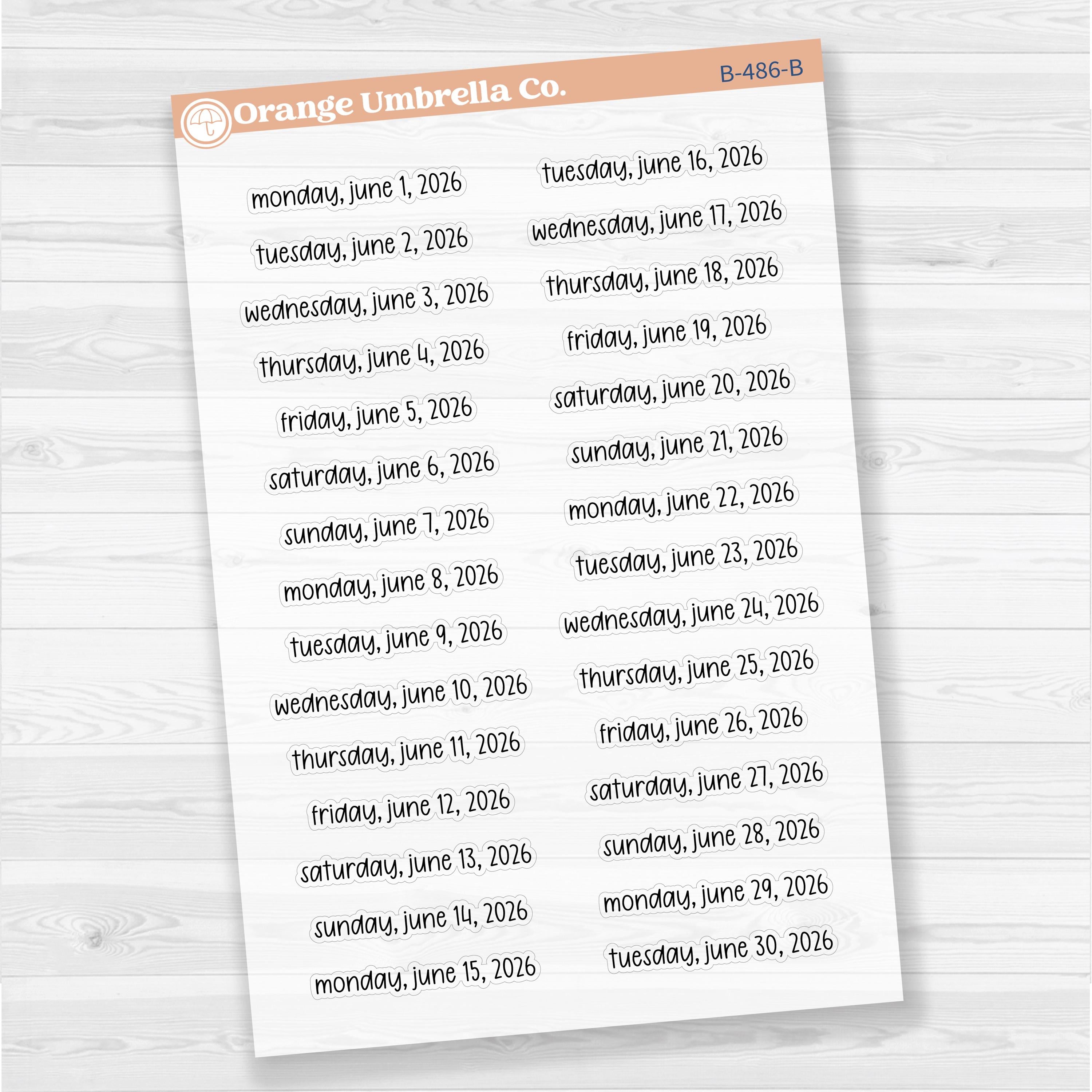 Dates of the Month - Jan-Jun 2026 Planner Stickers | F17 Print | Clear Matte | B-481-486-BCM