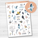 Bird-themed decorative sticker sheet with pastel birds, floral elements, and positive quotes on a white matte sheet.