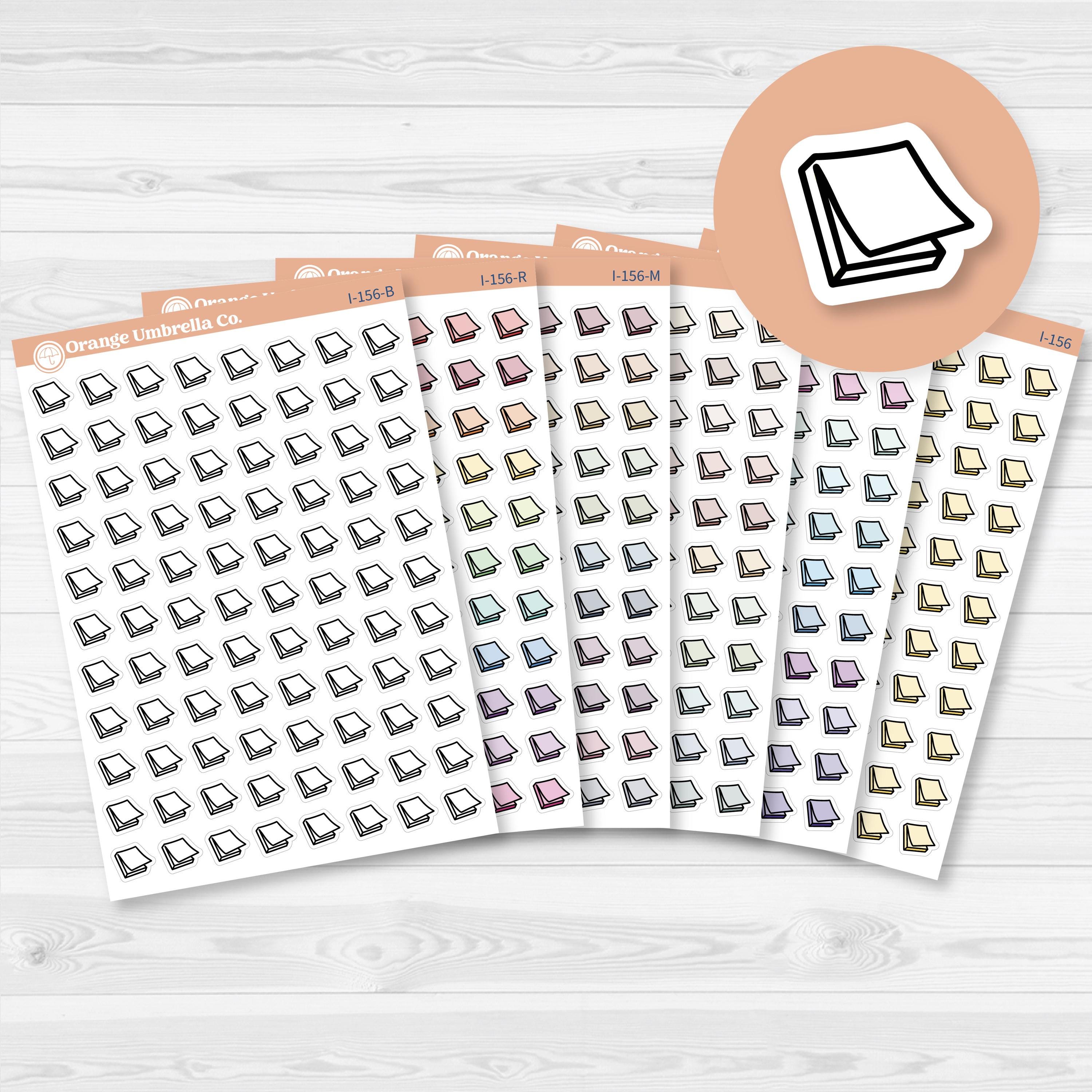 White matte sticker sheet featuring 88 mini sticky note icon illustrations in a single-color palette.