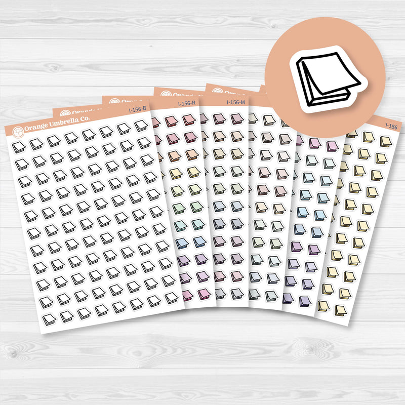 White matte sticker sheet featuring 88 mini sticky note icon illustrations in a single-color palette.