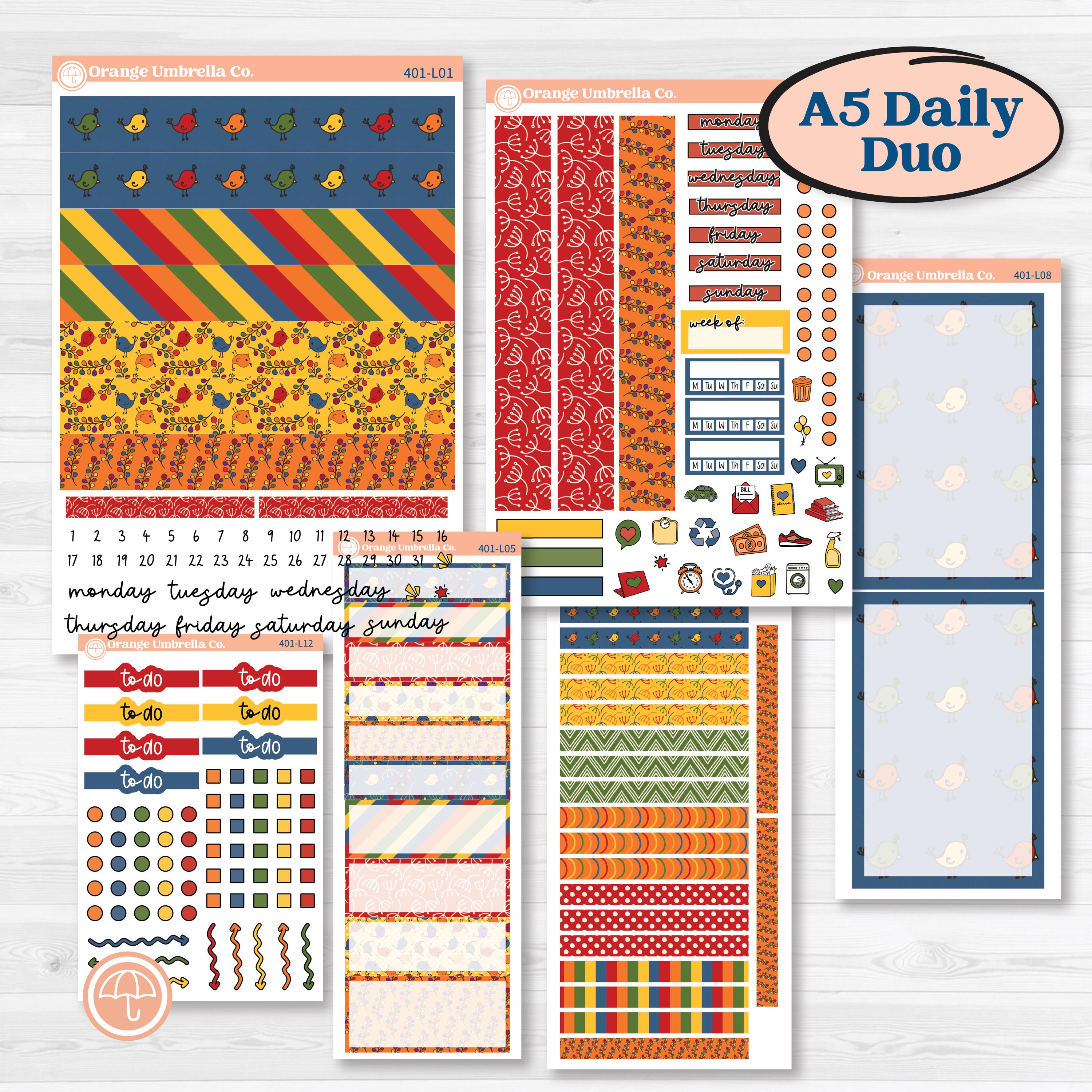 Summer or Autumn Bird Kit | A5 Daily Duo Planner Kit Stickers | Whimsical Birds | KIT-401-L