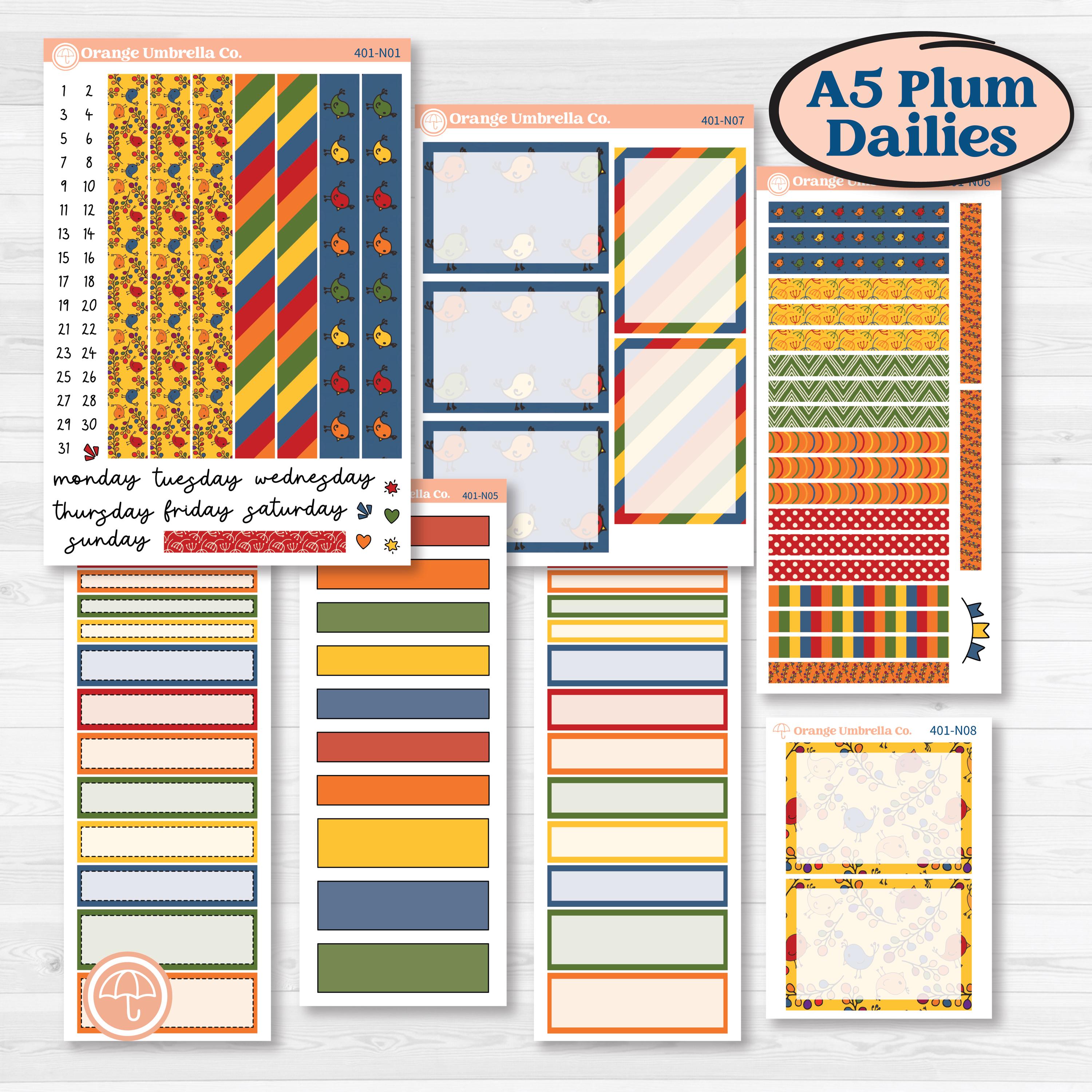 Summer or Autumn Bird Kit | A5 Plum Daily Planner Kit Stickers | Whimsical Birds | KIT-401-N