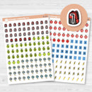 Sticker sheet with 110 colorful school-themed date dot icons including backpacks, apples, globes, and pencils.
