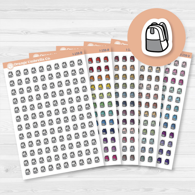 White matte sticker sheet with small black and white backpack icons for school and planner use.