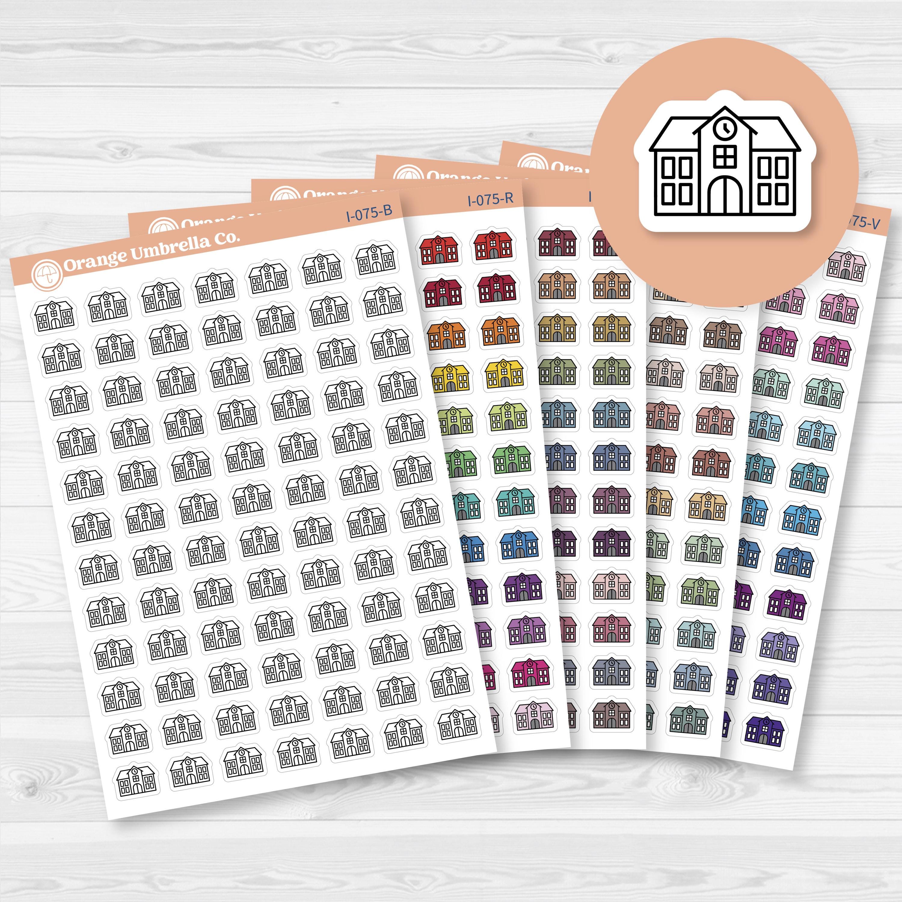 White matte school building icon stickers on a 4.5" x 6.5" sheet with 84 total planner icons.