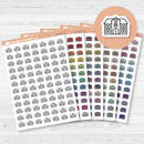 White matte school building icon stickers on a 4.5" x 6.5" sheet with 84 total planner icons.