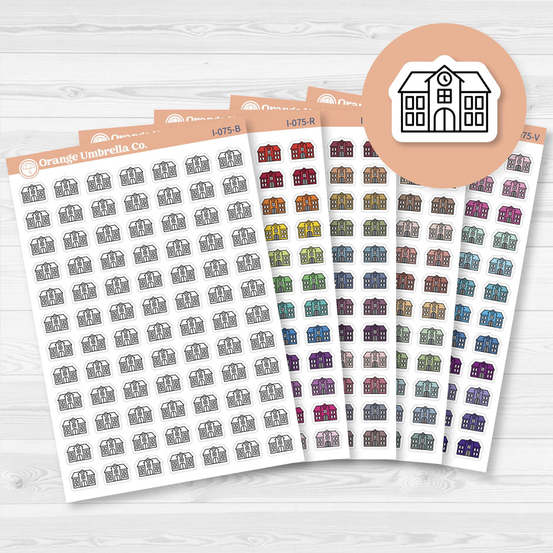 White matte school building icon stickers on a 4.5" x 6.5" sheet with 84 total planner icons.