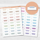 White matte planner sticker sheets featuring appointment-style labels with a top tab, arranged in muted and rainbow gradients.