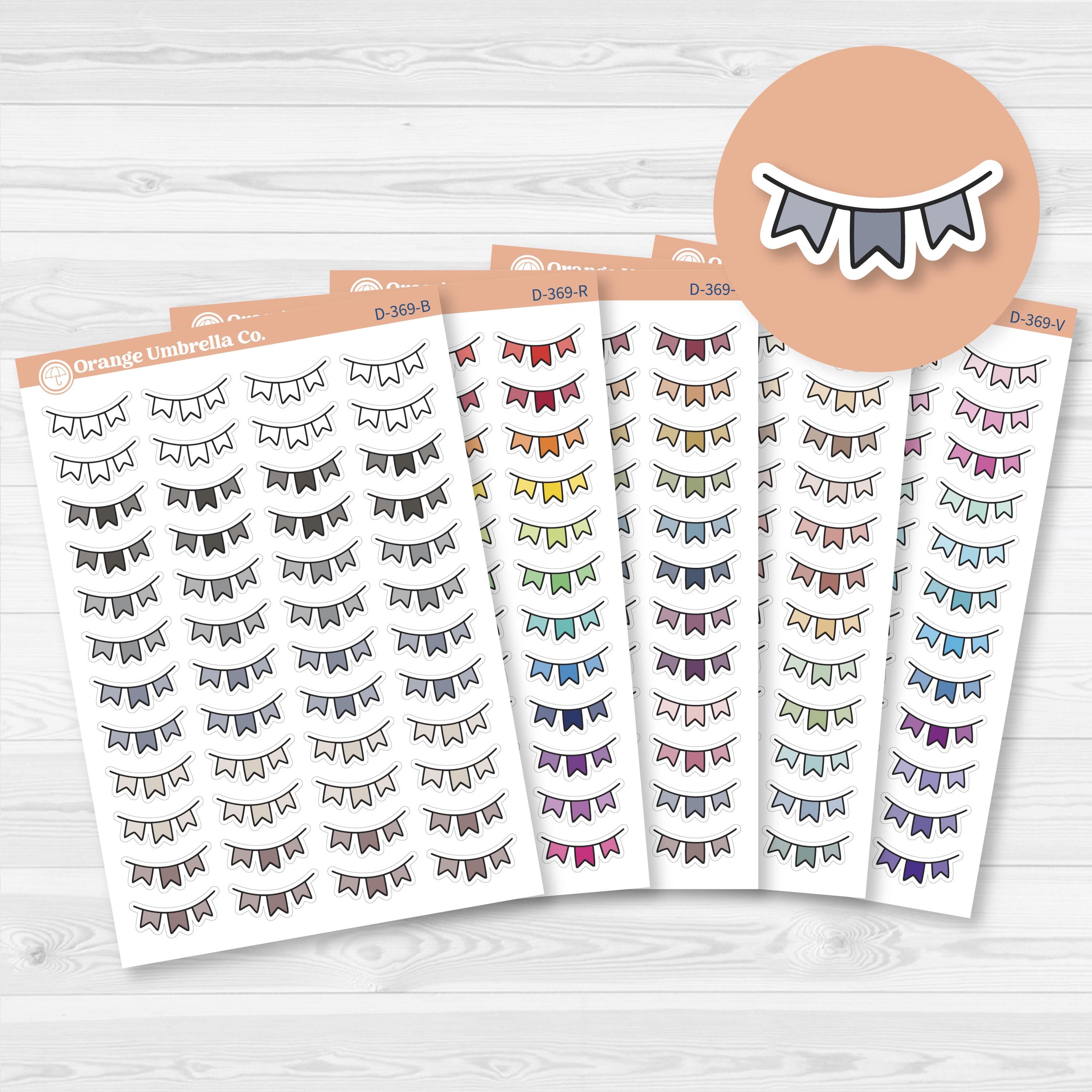 White matte sticker sheet featuring 48 colorful pennant banner icons in a mix of soft and bold colorways.