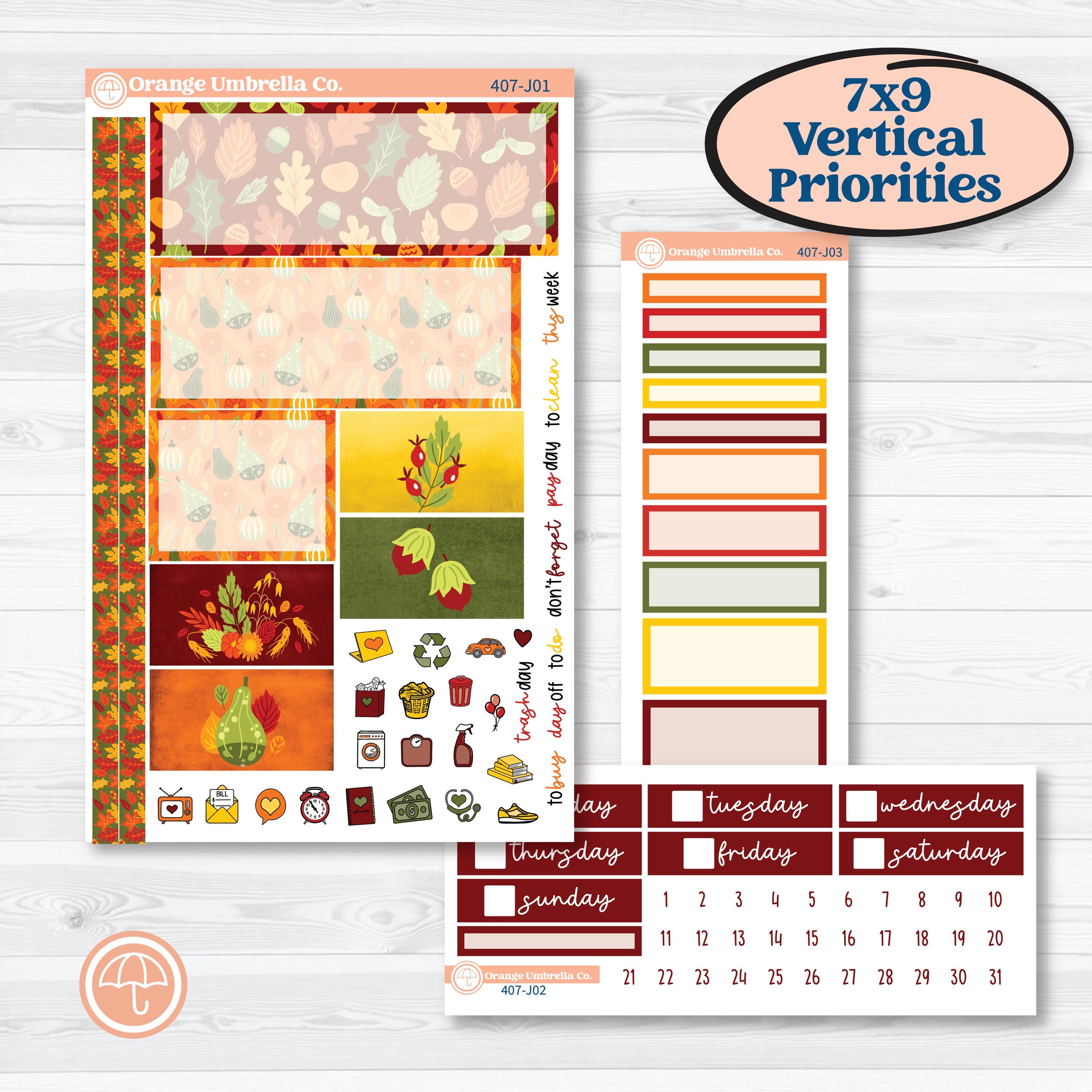 Colorful Autumn Stickers | Plum Vertical Priorities 7x9 Planner Kit Stickers | Vivid | KIT-407-J