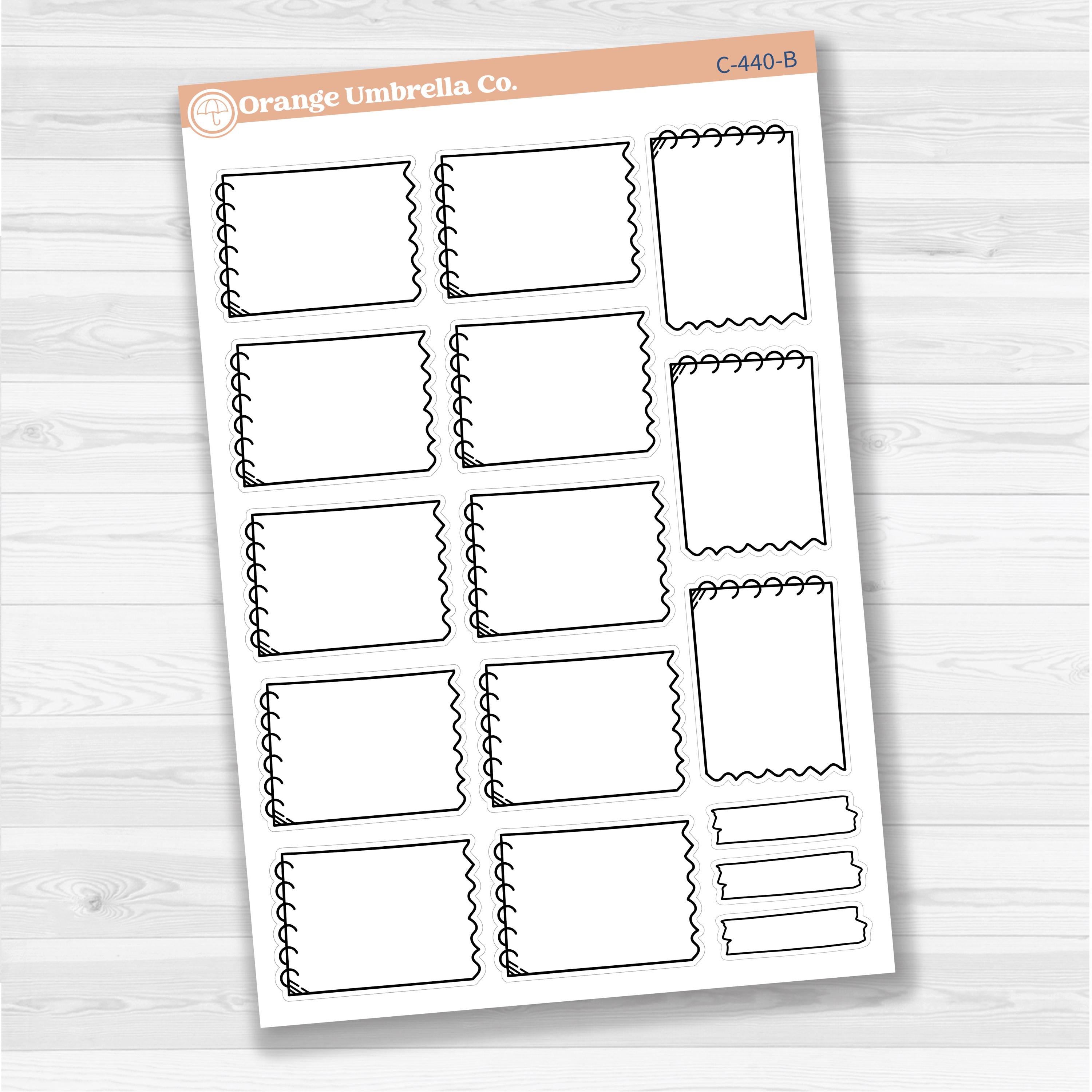 Large white spiral journaling box sticker sheet with 13 big decorative boxes for planners and journaling.
