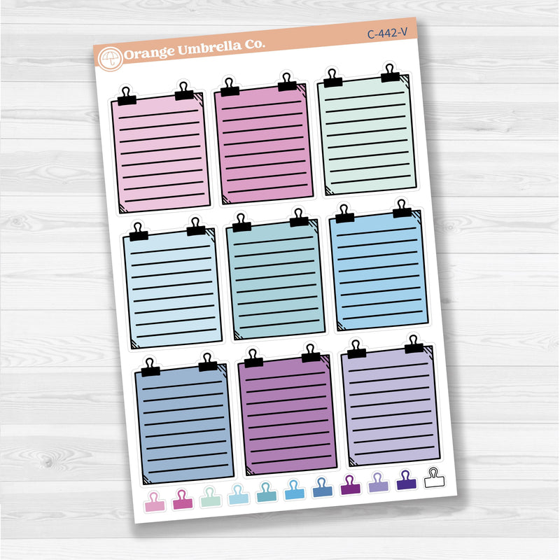 Sticker sheet with large binder clip note stickers for planners, journaling, and scrapbooking — white matte.