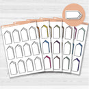 Sticker sheet with large arrow-shaped journaling note boxes for planners and scrapbooking — white matte.