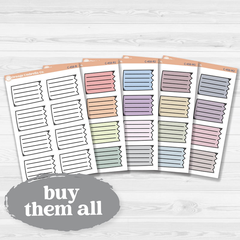 Sticker sheet with large torn lined note boxes for planners, scrapbooking, and Bible journaling — white matte.