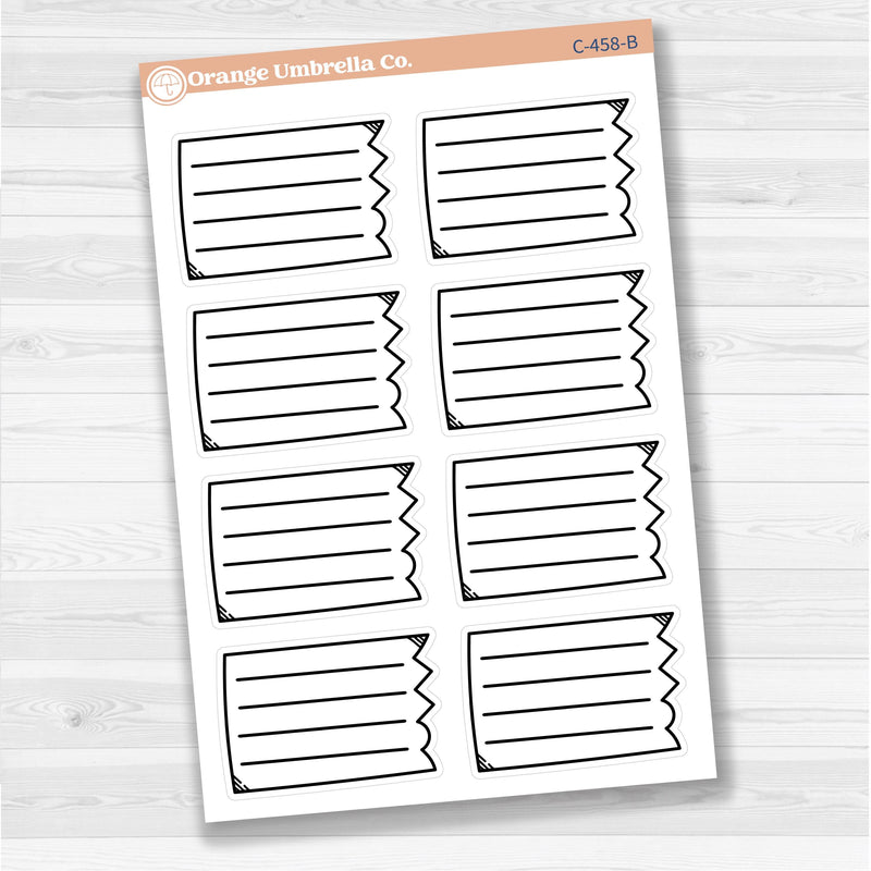 Sticker sheet with large torn lined note boxes for planners, scrapbooking, and Bible journaling — white matte.