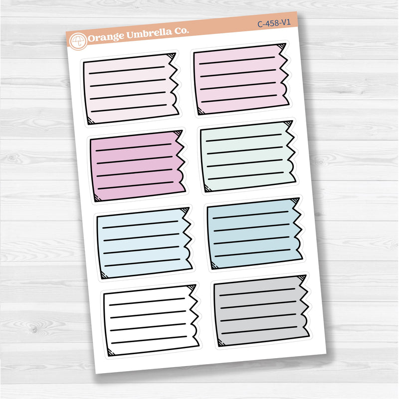 Sticker sheet with large torn lined note boxes for planners, scrapbooking, and Bible journaling — white matte.

