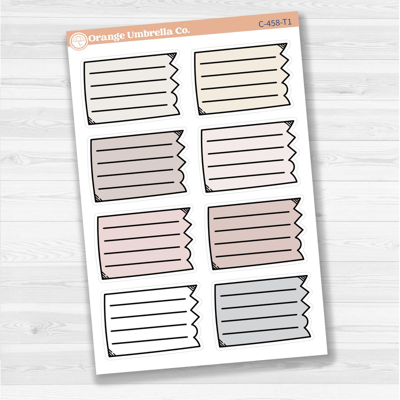 Sticker sheet with large torn lined note boxes for planners, scrapbooking, and Bible journaling — white matte.
