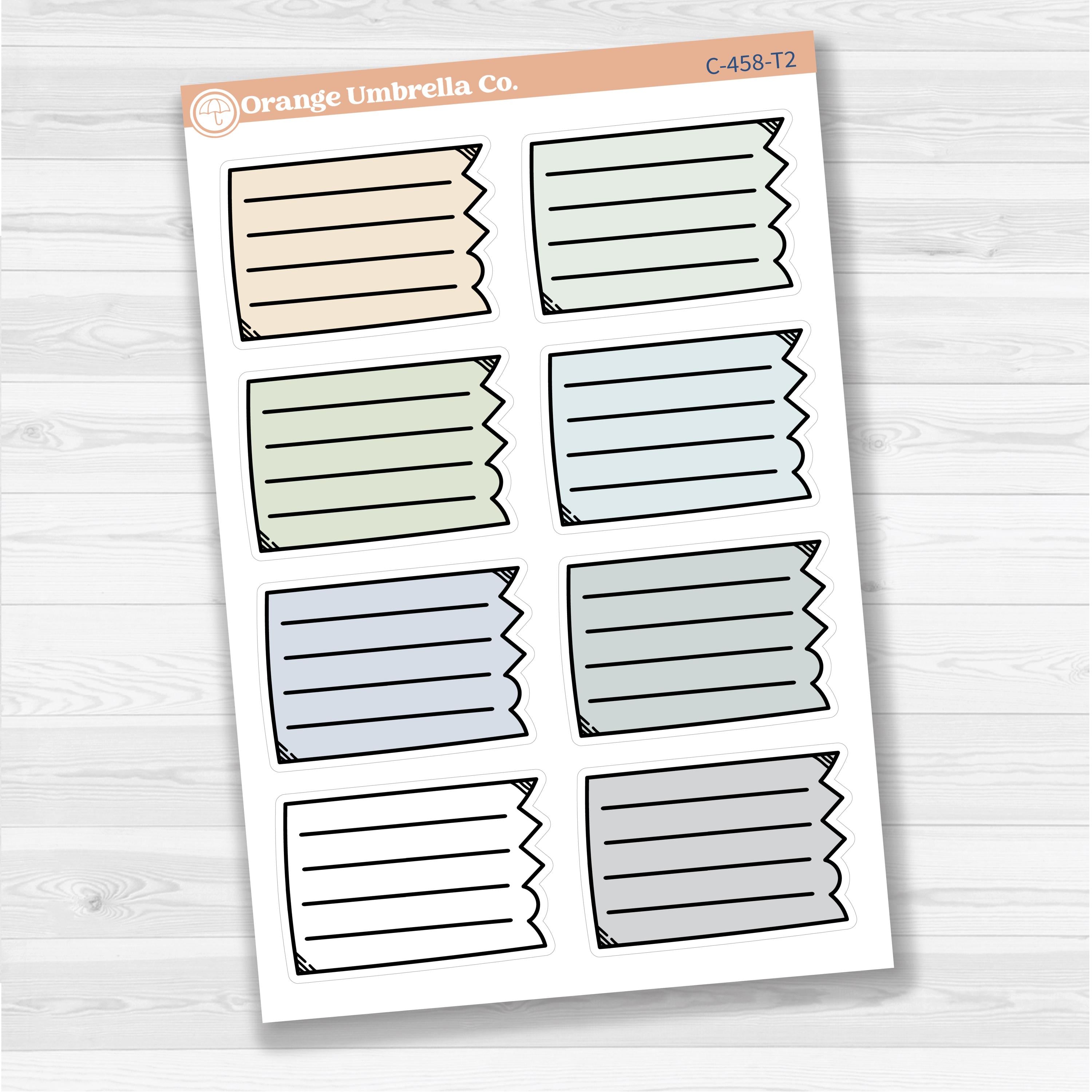 Sticker sheet with large torn lined note boxes for planners, scrapbooking, and Bible journaling — white matte.
