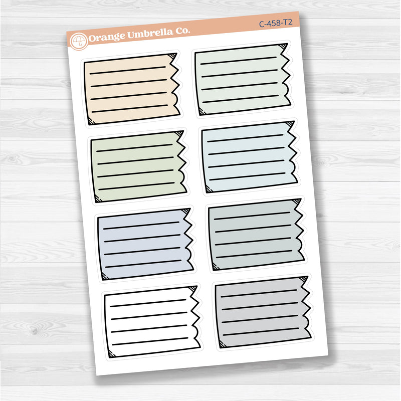Sticker sheet with large torn lined note boxes for planners, scrapbooking, and Bible journaling — white matte.
