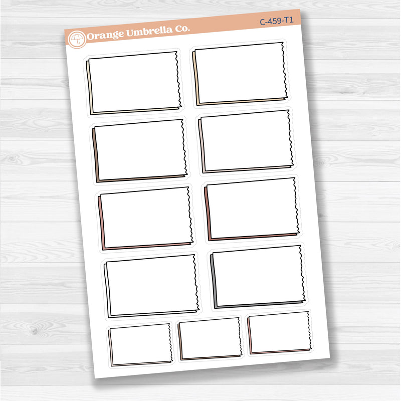 Sticker sheet with large rectangular torn edge notes for planners, Bible journaling, and scrapbooking — white matte.