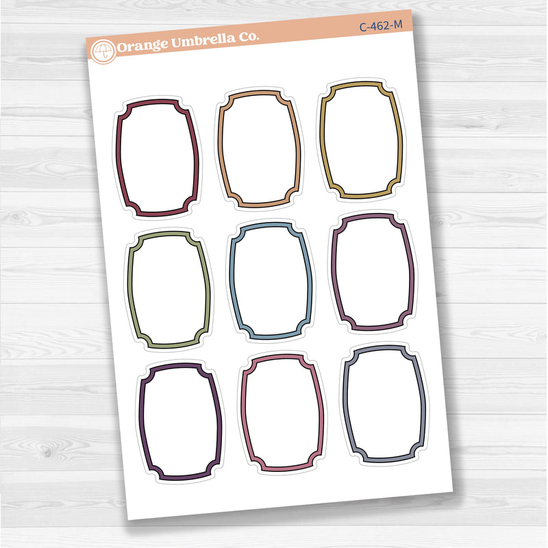 Sticker sheet with large decorative plaque-shaped note stickers for planners, scrapbooking, Bible journaling, and memory keeping — white removable matte.