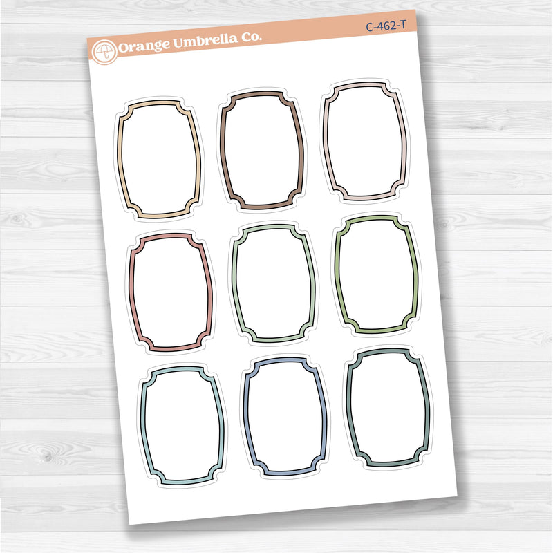 Sticker sheet with large decorative plaque-shaped note stickers for planners, scrapbooking, Bible journaling, and memory keeping — white removable matte.