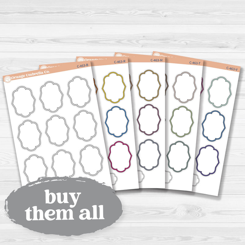 Sticker sheet with large plaque-shaped journaling stickers for planners, scrapbooking, Bible journaling, and creative memory keeping — removable white matte.