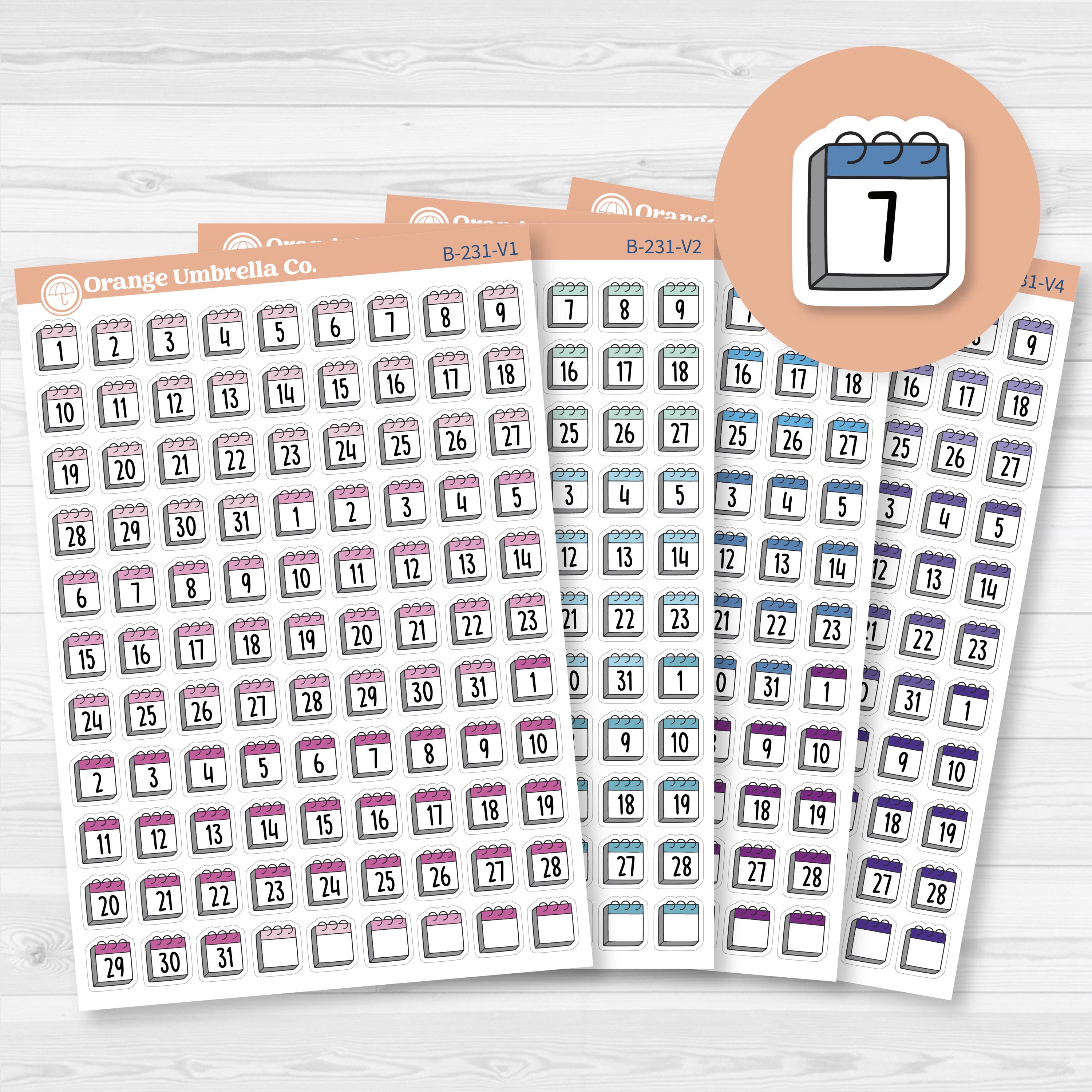 White matte calendar date dot sticker sheet with 99 F17 font numbers for monthly planning.