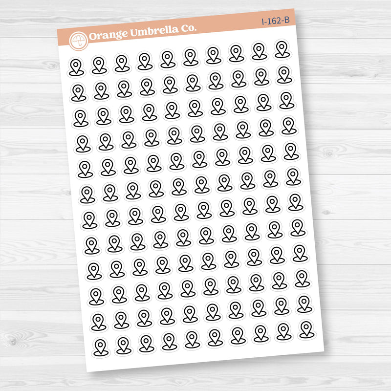 Location marker icon sticker sheet for planners, travel journals, and memory keeping — removable white matte.
