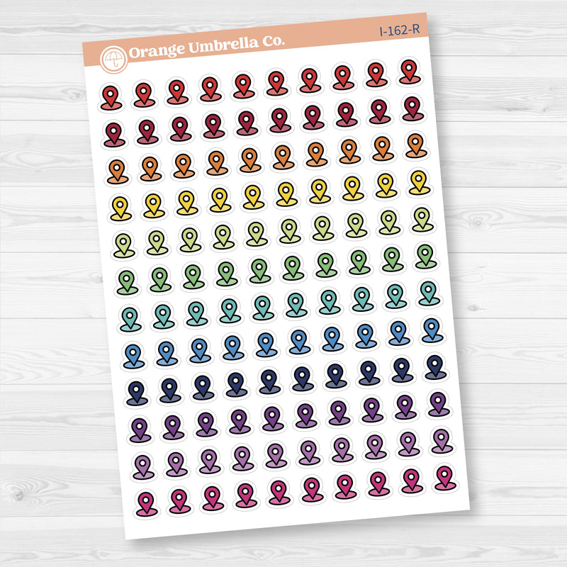 Location marker icon sticker sheet for planners, travel journals, and memory keeping — removable white matte.
