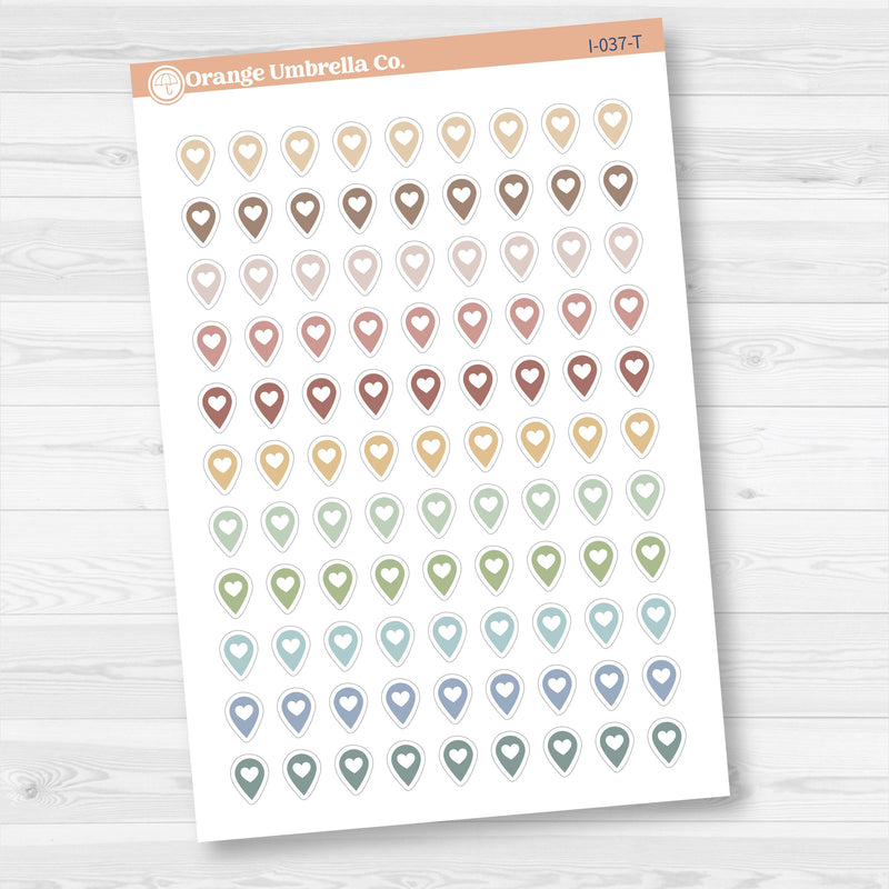 Location marker stickers sheet for planners, location pins, travel icons, functional icon stickers, removable white matte.
