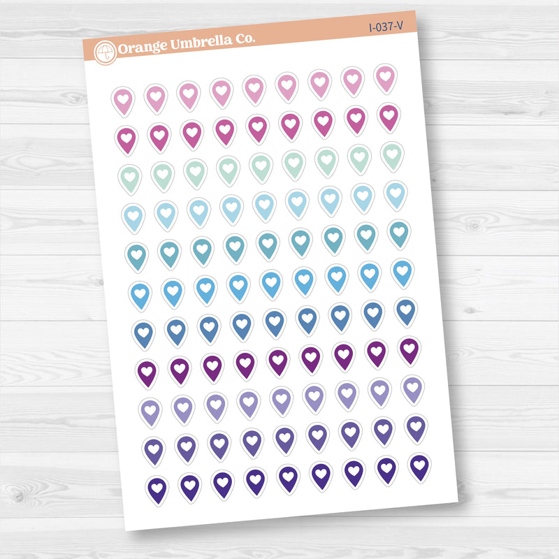 Location marker stickers sheet for planners, location pins, travel icons, functional icon stickers, removable white matte.
