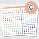 Location marker stickers sheet for planners, location pins, travel icons, functional icon stickers, removable white matte.
