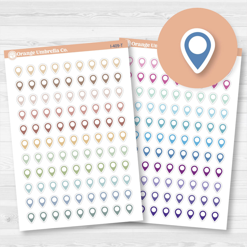 Location marker stickers sheet for planners, location pins, travel icons, functional icon stickers, removable white matte.
