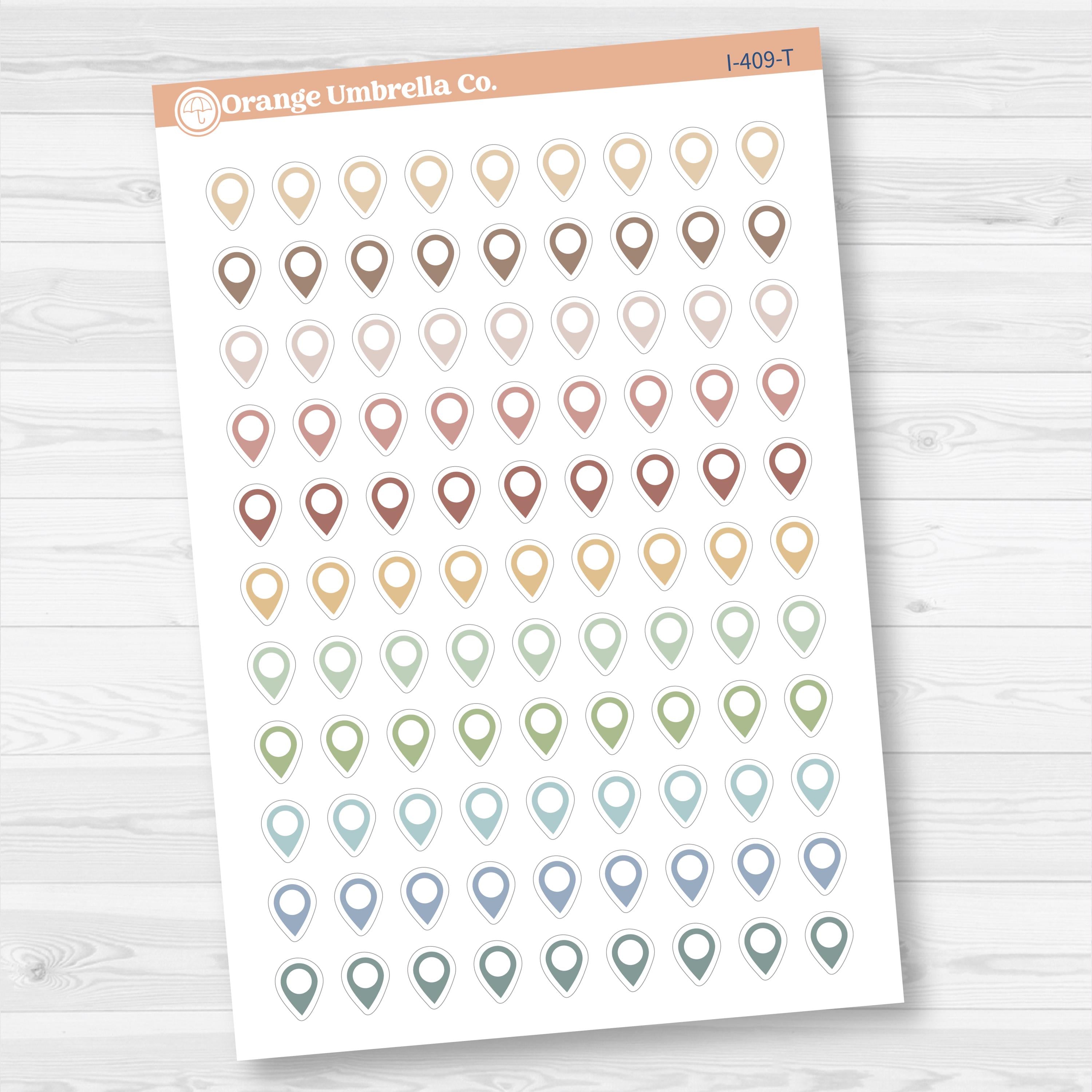 Location marker stickers sheet for planners, location pins, travel icons, functional icon stickers, removable white matte.