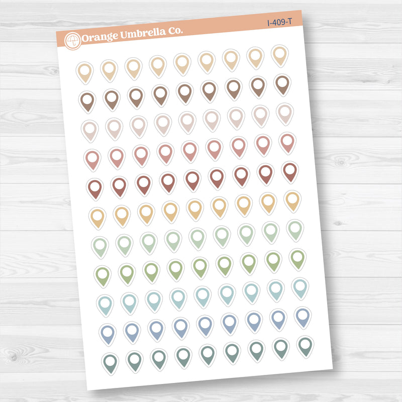 Location marker stickers sheet for planners, location pins, travel icons, functional icon stickers, removable white matte.