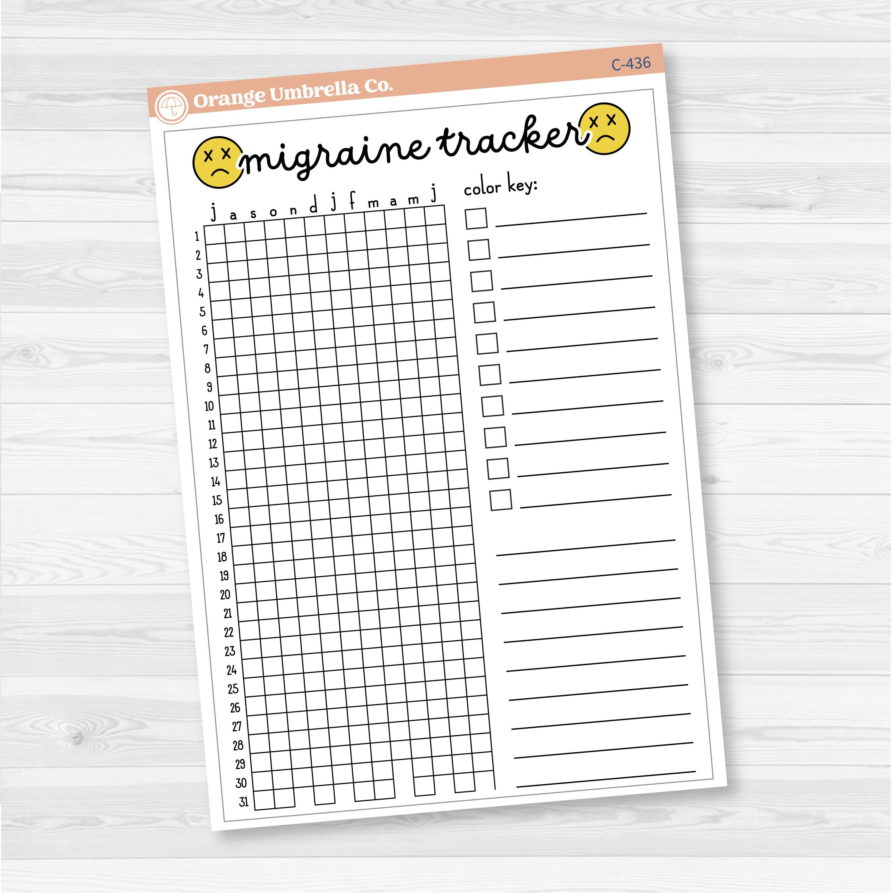 Migraine tracker full page dashboard sticker for planners, available in A5 and 7x9 sizes, removable white matte.