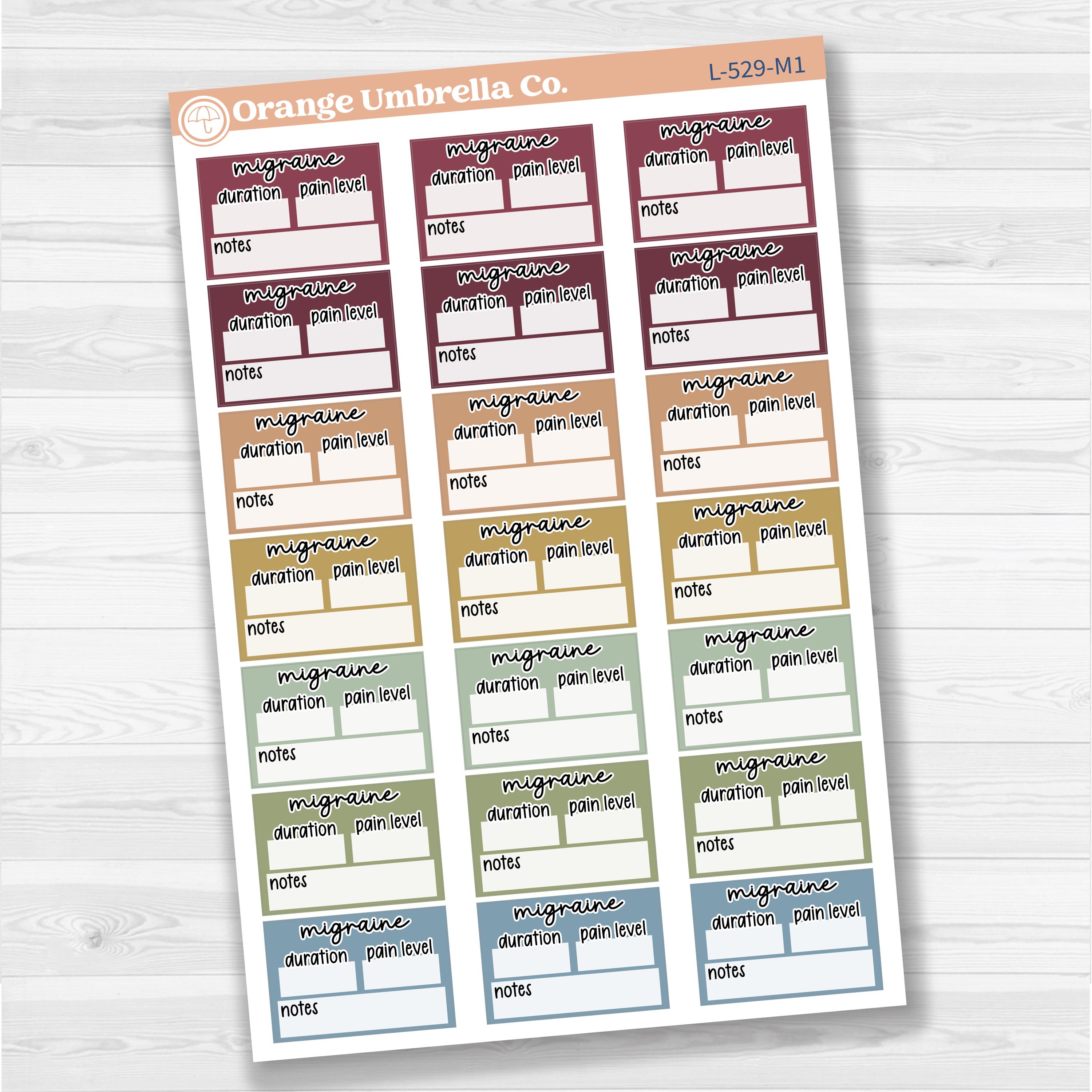 Migraine tracker half box stickers for planners, wellness and health tracking, removable white matte.