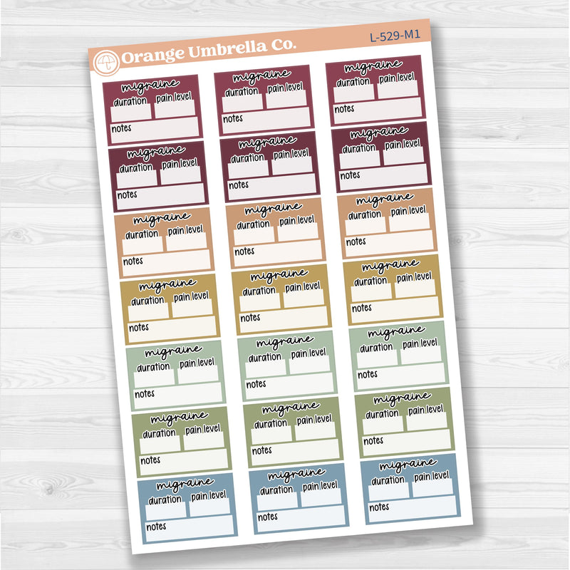 Migraine tracker half box stickers for planners, wellness and health tracking, removable white matte.