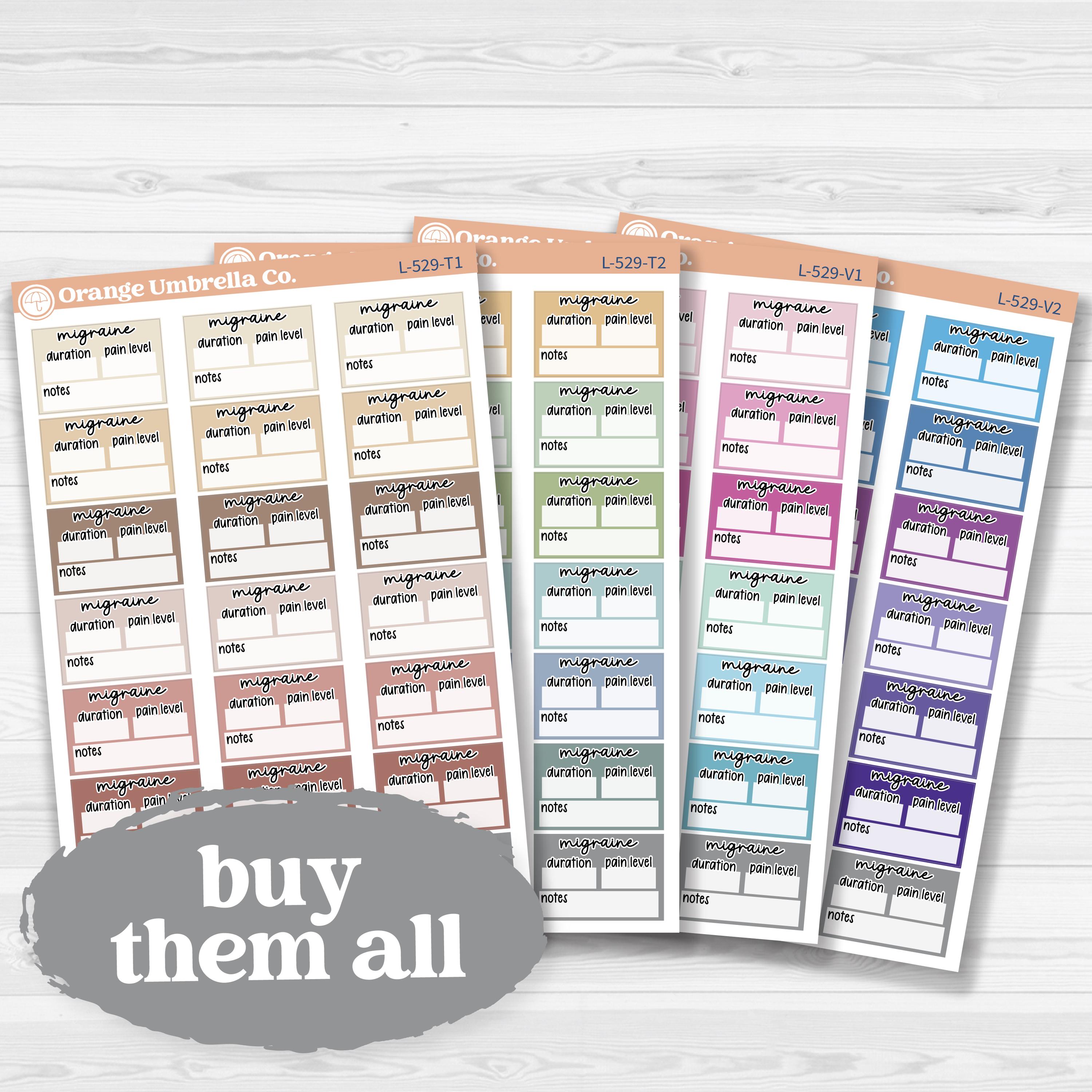 Migraine tracker half box stickers for planners, wellness and health tracking, removable white matte.